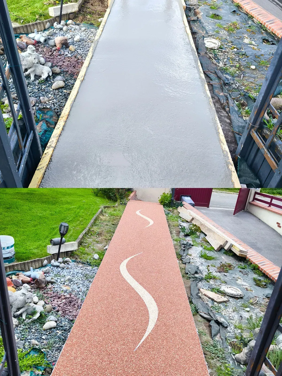 Avant après d'une allée en béton recouverte de moquette de pierre terracotta